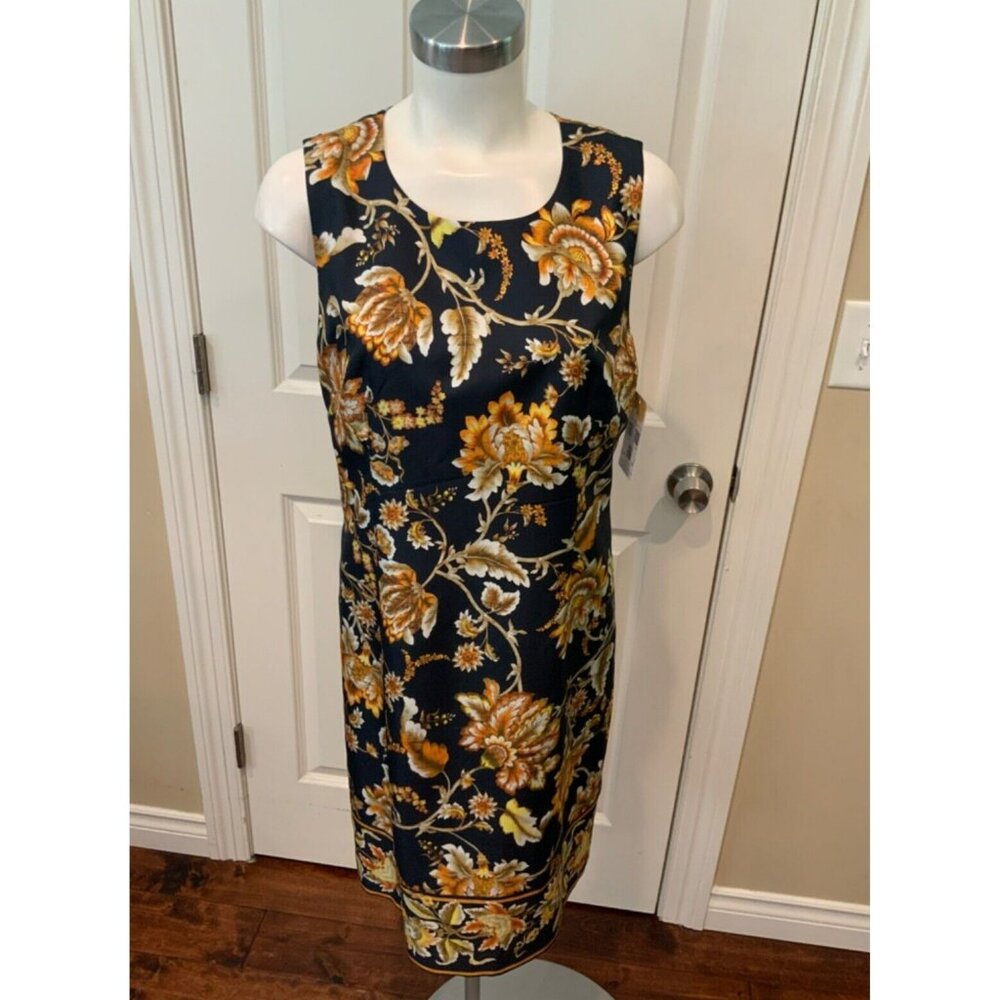 Kobi Halperin Navy Blue, Yellow & Cream Floral Tina Silk Shift Dress, Size M